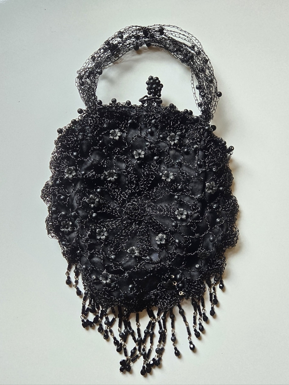 Lisa Toland Metal Lace Mesh Floral Beaded Mini Handbag Clutch Black Woven